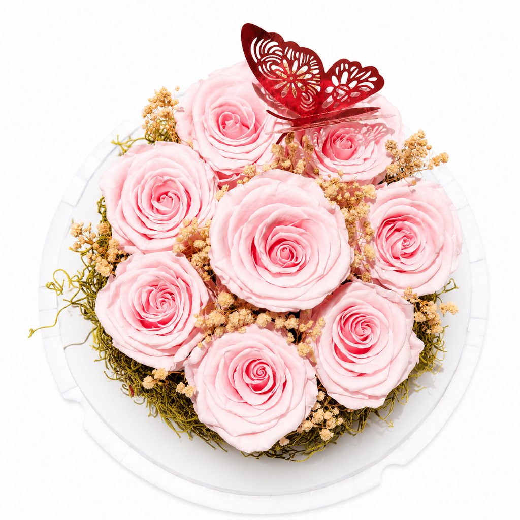 8 Real Preserved Pink Roses Floral Arrangement