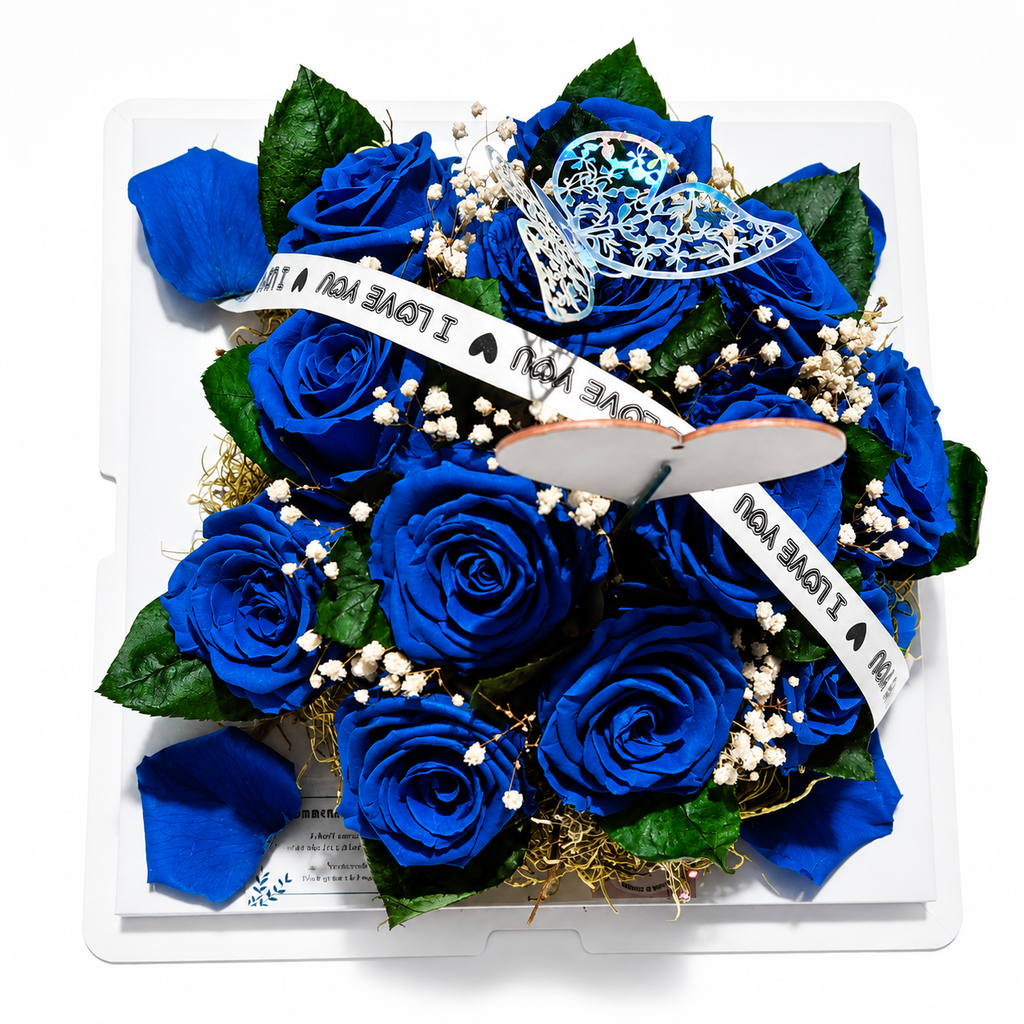 12 Blue Preserved Roses with I Love You Message Gift Box