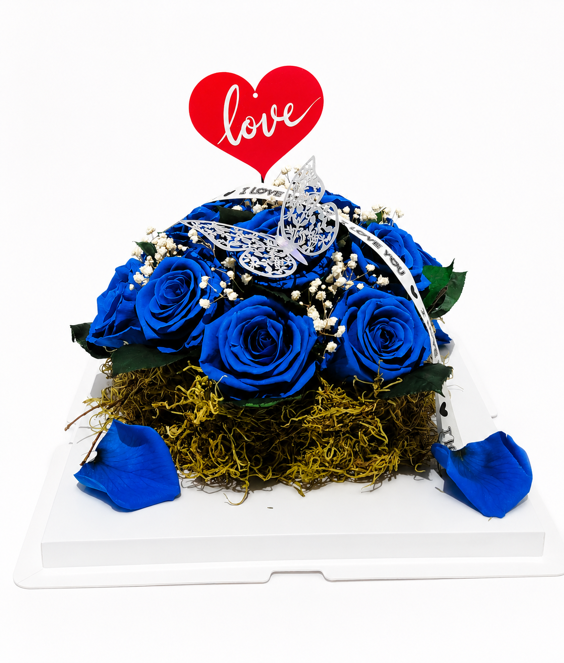 12 Blue Preserved Roses with I Love You Message Gift Box